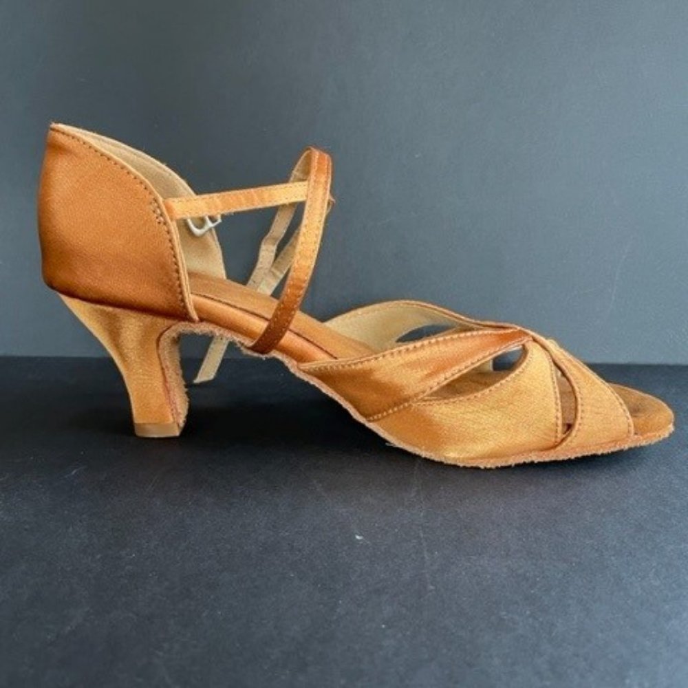 Supadance SATIN DANCE SHOES Suede Bottom, Dark Tan Satin, 2.5 in. heel, Size 7.5 - Picture 3 of 8
